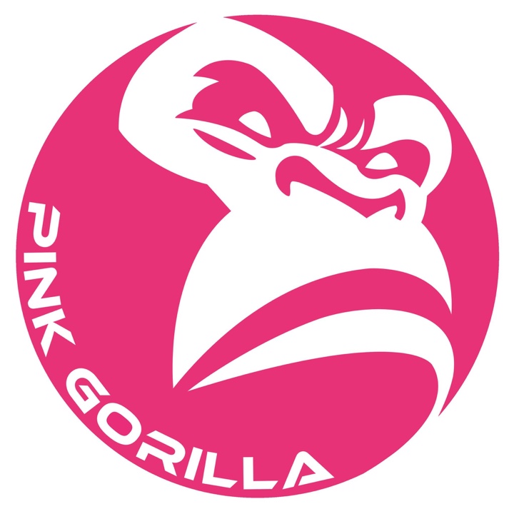 Logo PINK GORILLA : tête de gorille rose et blanche dans un cercle.