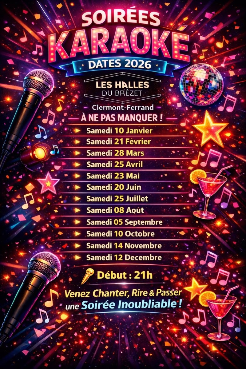Affiche des soirées karaoké 2026 de DJ Fabio aux Halles du Brézet à Clermont-Ferrand.
